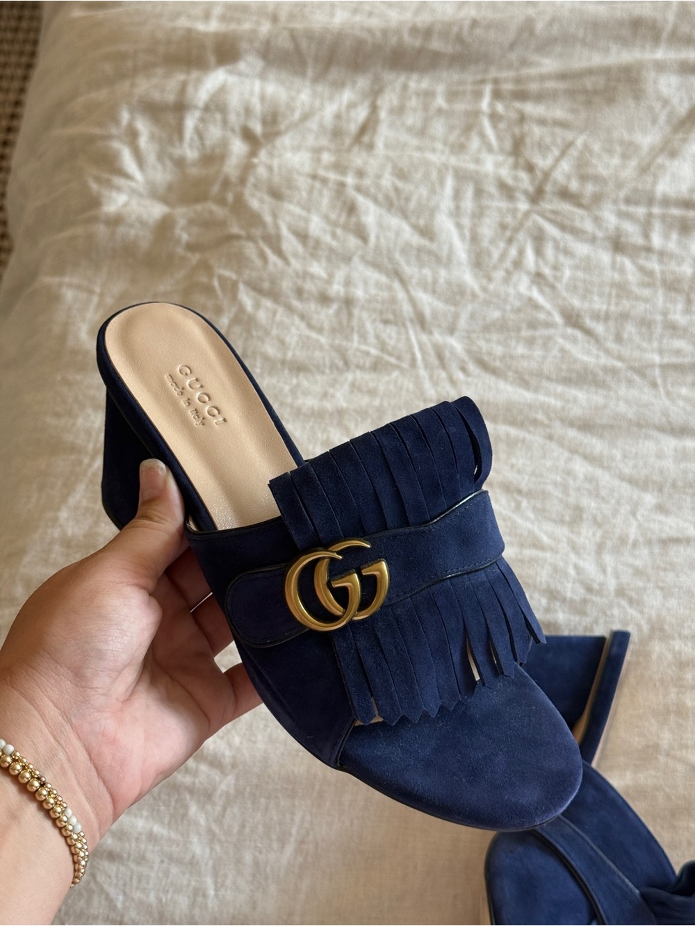 Gucci Navy Blue Suede GG Marmont Fringe Mules 41